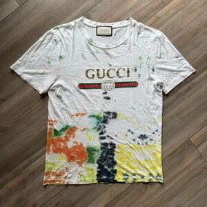 Gucci Authentic Men’s Short Sleeve Tie Dye Shirt Belt Logo Multicolored Size XL